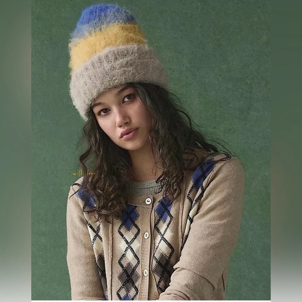 New Free People Icing Beanie in Tan Blue Gold Hat $38 retail - Picture 4 of 5